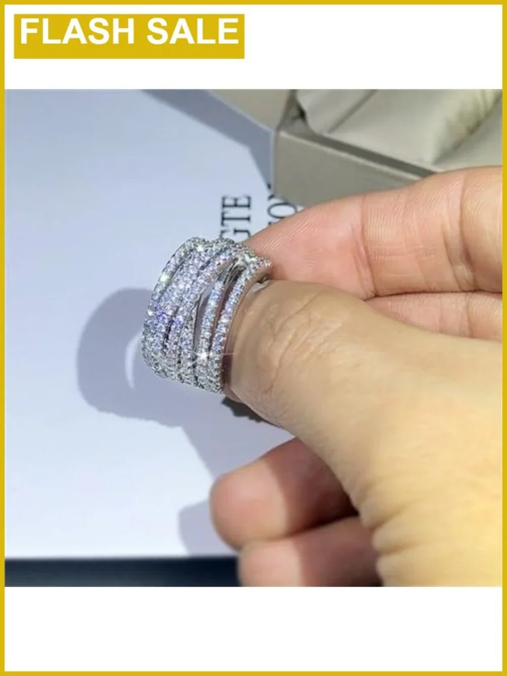 925 Sterling Silver Full Diamond Gemstone Cocktail Ring 18K Gold Criss Cross CZ